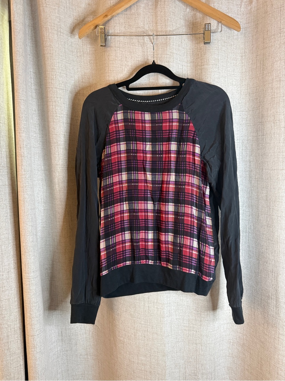 PJK Patterson J. Kincaid Black Silk Sweatshirt with Pink and Purple Plaid Front